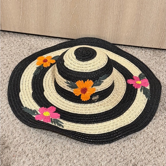 Betsy Johnson Floral Black and Cream Wide Brim Hat